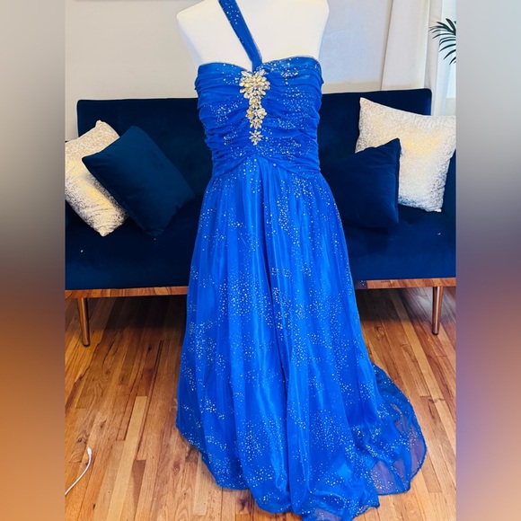 Single Strap Juniors Tool Sparkle Blue Prom Dress with Jewel Accents New without - Picture 11 of 13